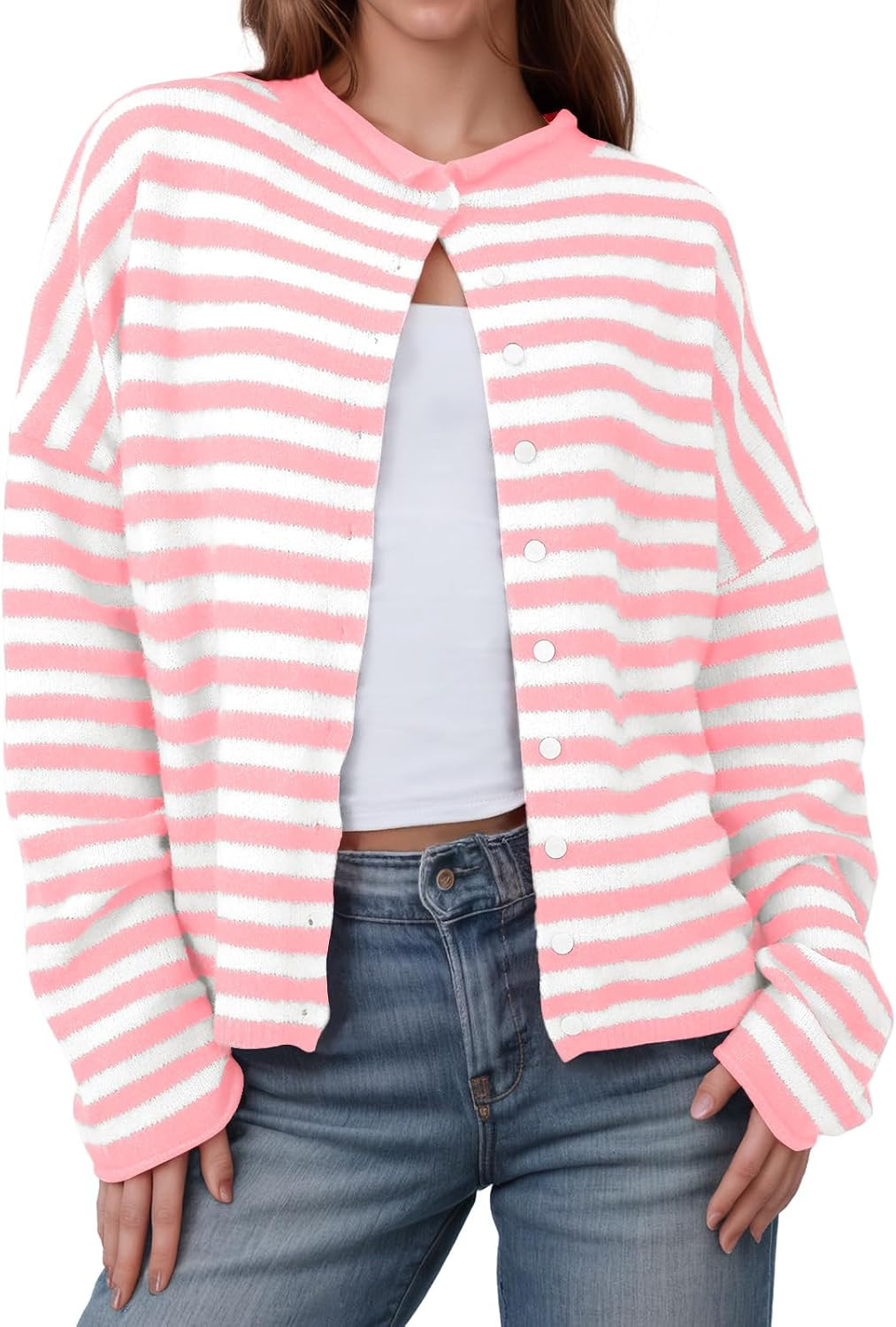 Saodimallsu Womens Striped Cardigan Long Sleeve Button Down Knit Tops | Amazon (US)