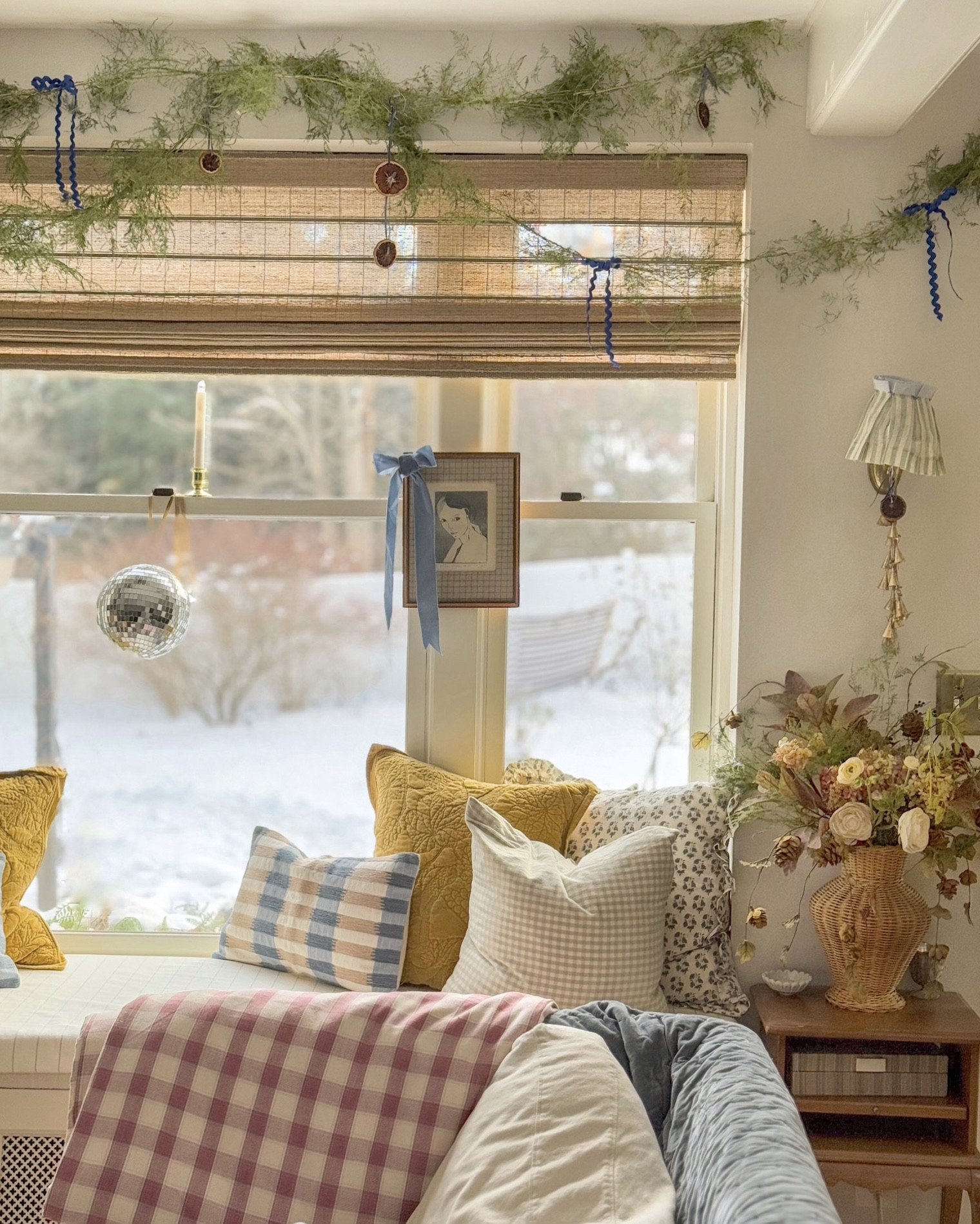Before the snow melted…the holiday greenery stays up a bit longer though. 

West elm, blue striped pillow covers, velvet matelasse pillows, home decor, woven wood window shades, wicker vase, GreenRow, ethically made decor; gingham pillow topper, velvet blanket, Toast 

#LTKFindsUnder100 #LTKSaleAlert #LTKHome