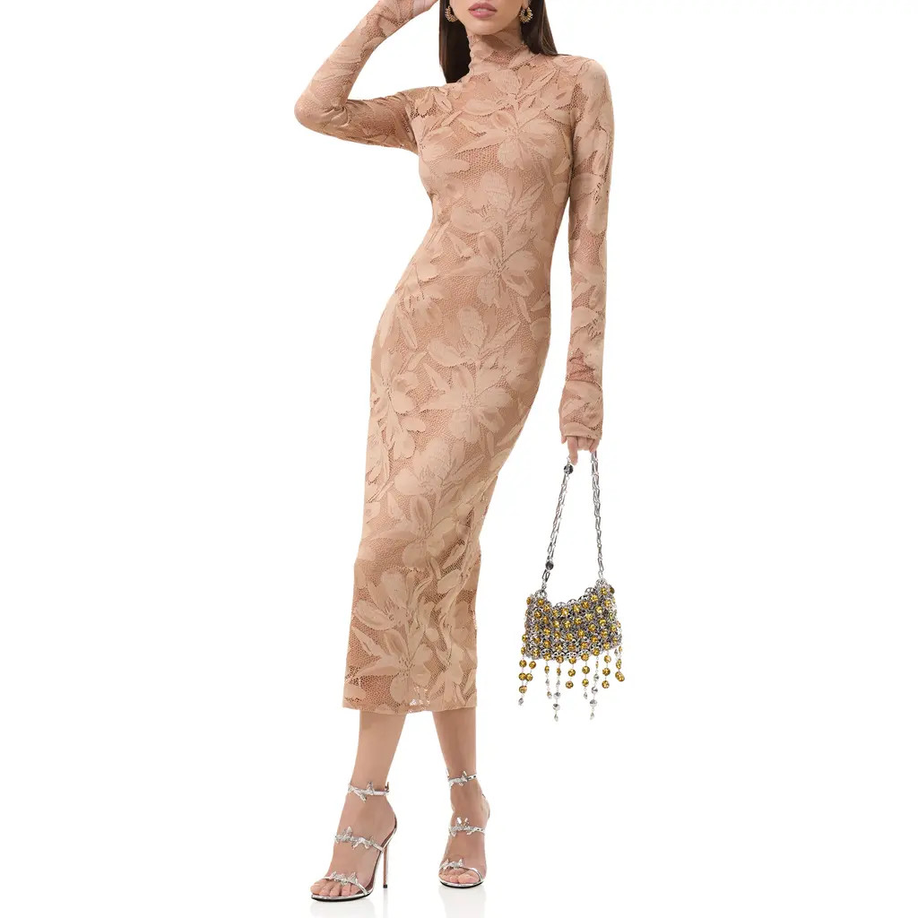 AFRM Shailene Floral Lace Long Sleeve Midi Dress in Almond at Nordstrom, Size Small | Nordstrom
