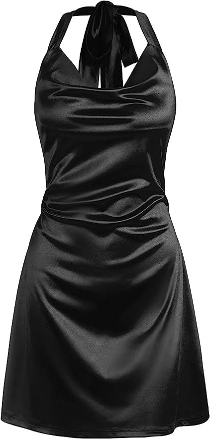 ZAFUL Women Sexy Mini Halter Party Dress Sleeveless Satin Silky Cocktail Club Dress | Amazon (US)