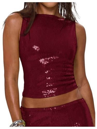 MakeMeChic Women's Sparkly Sequin Tops Y2k Going Out Rave Top Sleeveless Crop Tank Tops | Amazon (US)