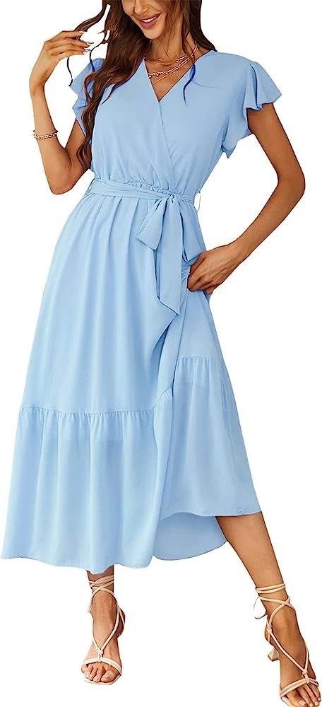 PRETTYGARDEN Women's 2023 Floral Boho Dress Wrap V Neck Short Sleeve Belted Ruffle Hem A-Line Flo... | Amazon (US)