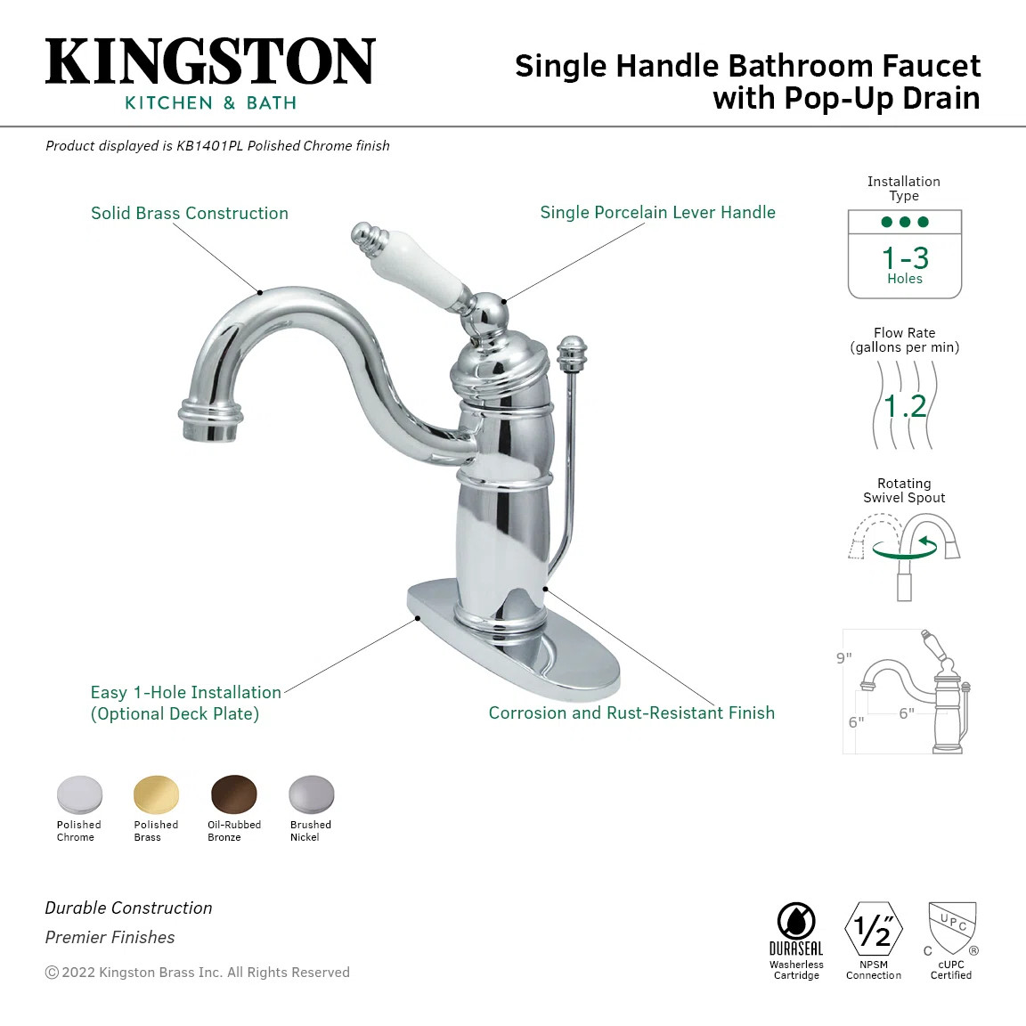 Kingston Brass Victorian Single-Handle 1-Hole Deck Mount Bathroom Faucet with Plastic Pop-Up KB14... | Wayfair North America