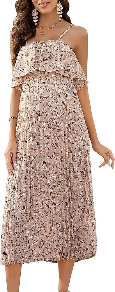 Maternity Dress Womens Spaghetti Strap Floral Maxi Dress Ruffled High Waisted Backless Pleated Dr... | Amazon (US)