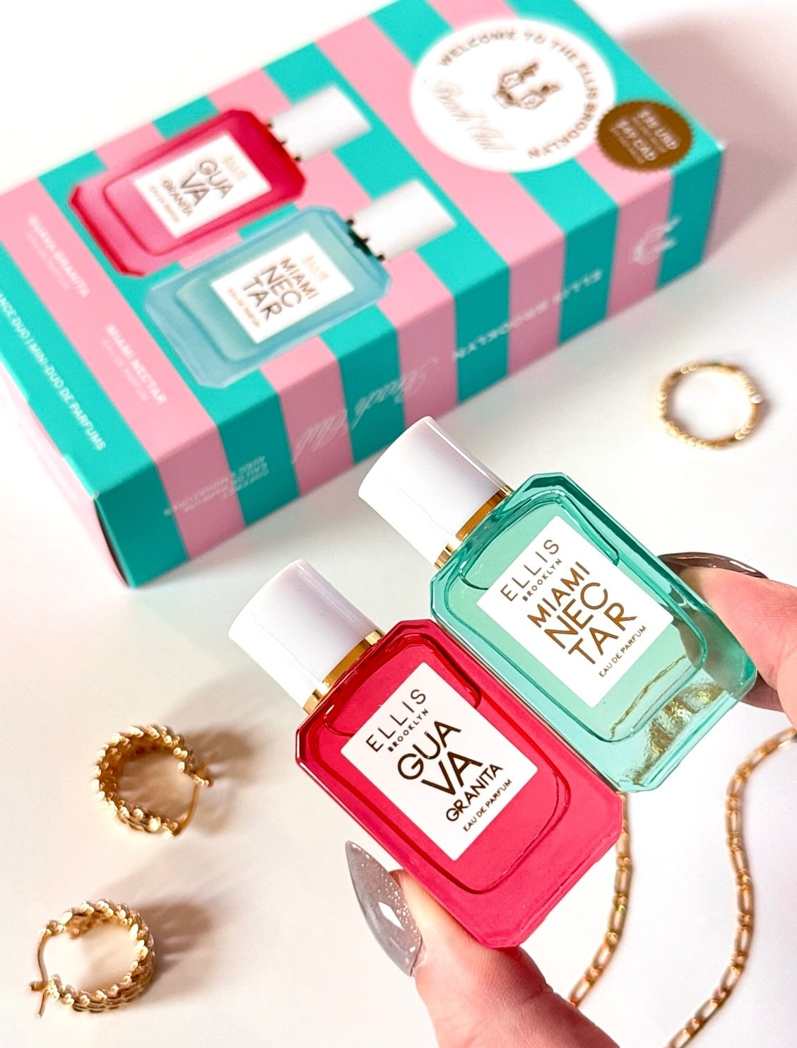 Gifted by @ellisbrooklyn 

The minis that understood the assignment. 🤍✨

The new Beach Club Set from Ellis Brooklyn features Guava Granita and Miami Nectar- two of my favorites, now in the cutest mini bottles! Guava Granita blends juicy guava and creamy almond milk for that sun drenched sweetness, while Miami Nectar brings soft coconut water, vanilla woods, and a touch of jasmine warmth. Together, they’re like summer bottled; bright, smooth, and effortlessly wearable.

🤍 Guava Granita- 
Top: Guava Juice, Banana, Bergamot, Tropical Waterlily
Middle: Cavaillon Melon, Coconut Palm, Mango Blossom
Base: Vanilla, Sandalwood, Almond Milk

🤍 Miami Nectar- 
Top: Pink Pineapple, Palm Leaves, Coconut Water
Middle: Wild Jasmine, Plumeria, Lily of the Valley
Base: Tree Moss, Salted Woods, Sweet Amber Woods, Vanilla

I’ve been building my mini fragrance collection, so these couldn’t have arrived at a better time. Maybe I’ll do a mini collection video soon 😉

#EllisBrooklyn #BeachClubSet #GuavaGranita #MiamiNectar #FragranceCommunity #PerfumeMini #SummerFragrance #EverydayFragrance #FragranceCollection #PerfumeLover #PerfumeFlatlay