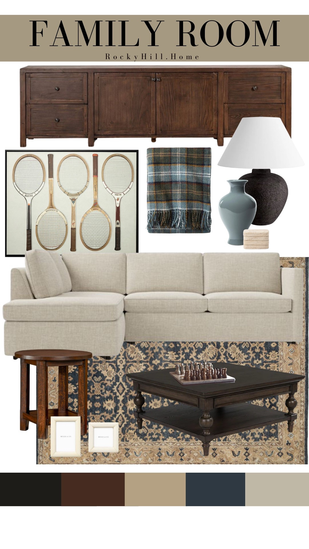 Family Room Mood Board featuring new spring decor from McGee and Co! I love this earthy neutral and blue color palette.

Pottery barn living room furniture, dark wood media stand, west elm sectional, black lamp, game room, tennis racket art, Etsy chess set, wood round side table, Pendleton plaid blanket, wool rug, black lamp, blue vase, coasters

#LTKSeasonal #LTKHome #LTKStyleTip