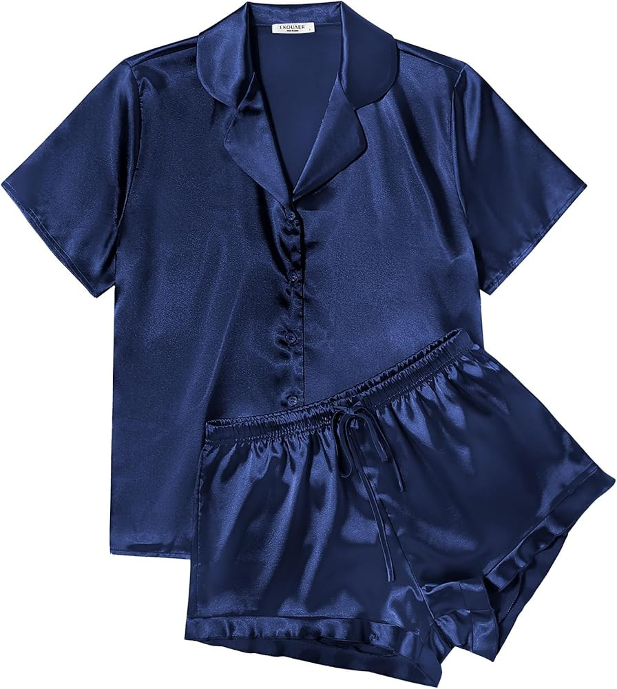 Ekouaer Womens Satin Pajamas Set Button Down 2 Piece Silk Pjs Shorts Set Ruffle Lingerie Notch Co... | Amazon (US)