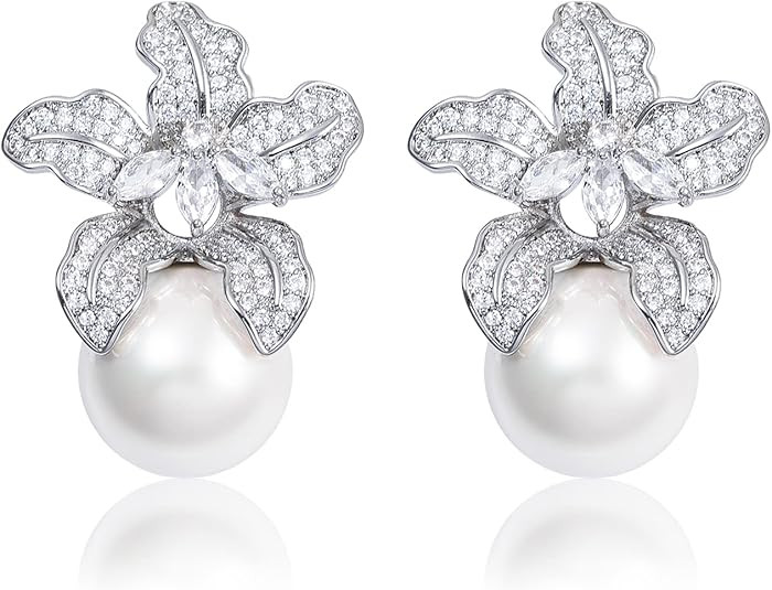 Blooming Flower Drop Cubic Zirconia Big Round Pearl Stud Earrings for Wedding Ceremony Chic Acces... | Amazon (US)