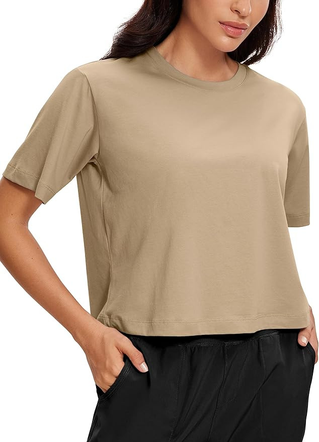 CRZ YOGA Womens Loose Fit Cotton Polyester Short Sleeve Shirts Crop Tops Casual Workout T-Shirts | Amazon (US)