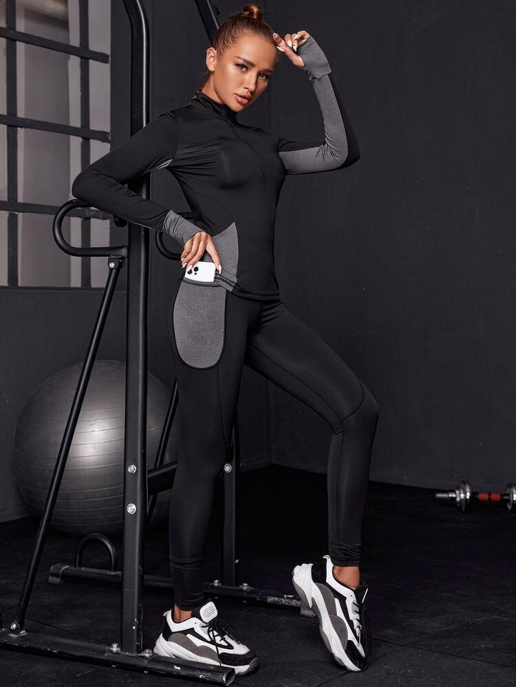 Thumb Holes Half Zip Sports Top & Leggings With Phone Pocket | SHEIN