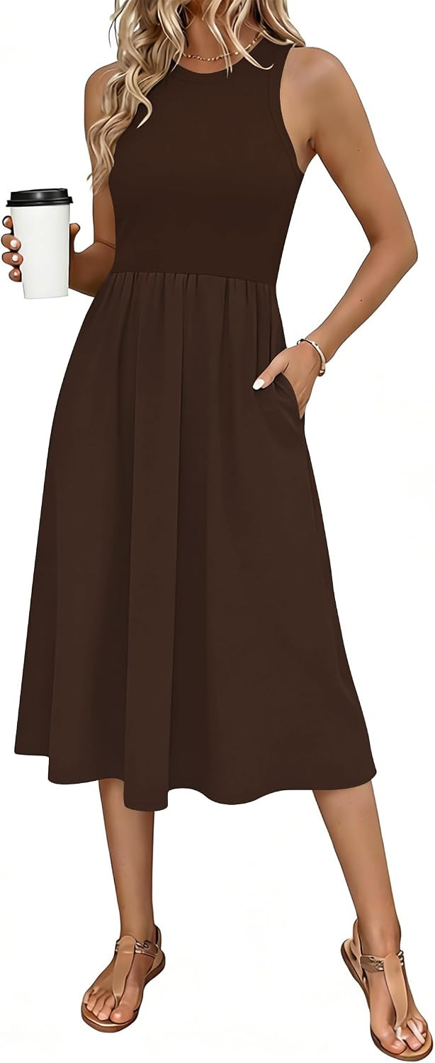 Naggoo Women's Sleeveless Dress Summer Casual Flowy Sundress Knit Tank Top Racerback Midi Dresses Pockets | Amazon (US)