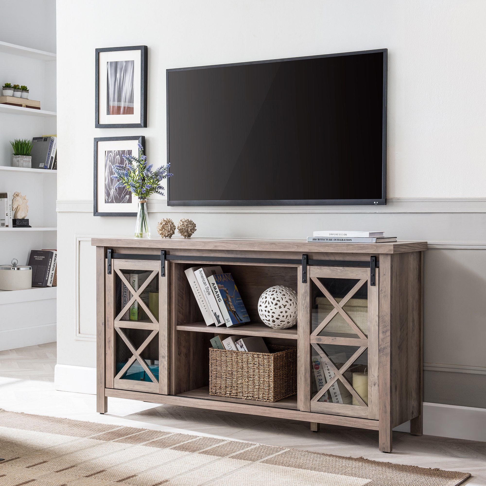 Evelyn&Zoe Modern Farmhouse TV Stand with Glass Paned Doors for TVs up to 65" | Walmart (US)