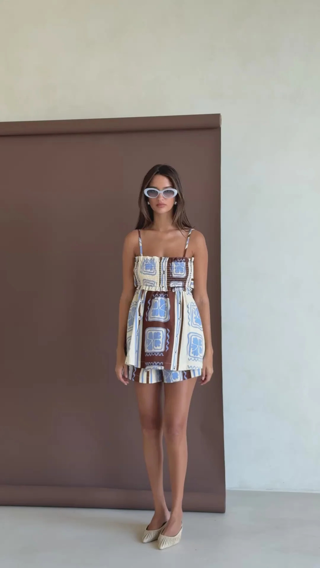 Blue Solance Print Linen Elastic Drawstring Florian Shorts | Sabo Skirt US