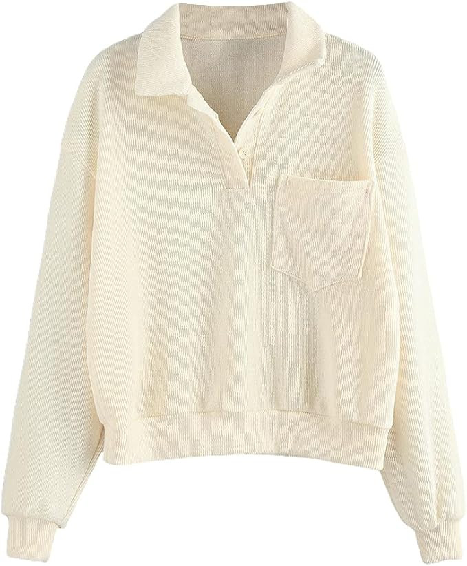 ZAFUL Women's Half Button Drop Shoulder Pocket Pullover Knitted Crop Sweater Jumper Tops White | Amazon (US)