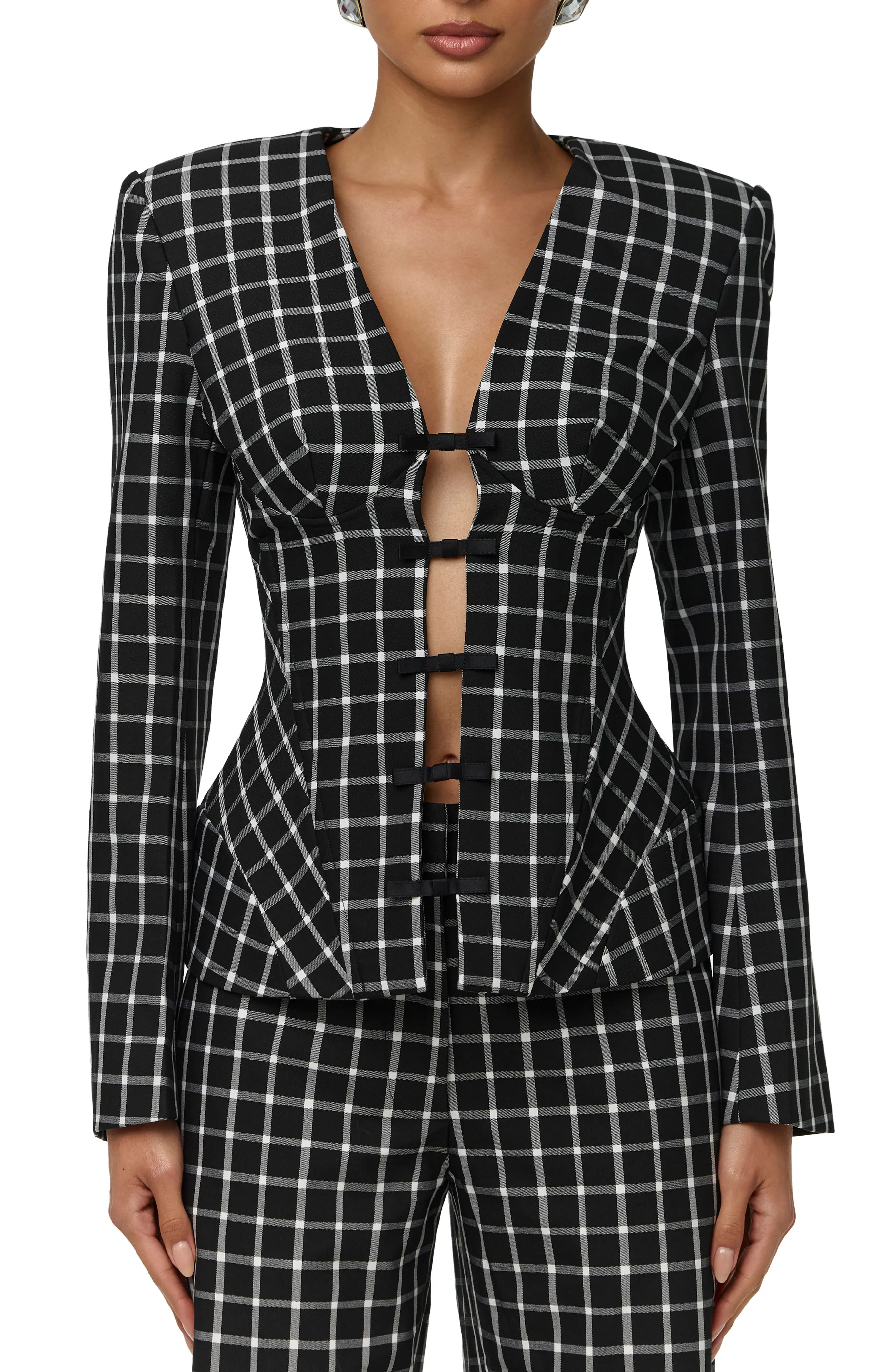 Naked Wardrobe Check Suiting Blazer with Satin Bows (Women) | Nordstrom | Nordstrom
