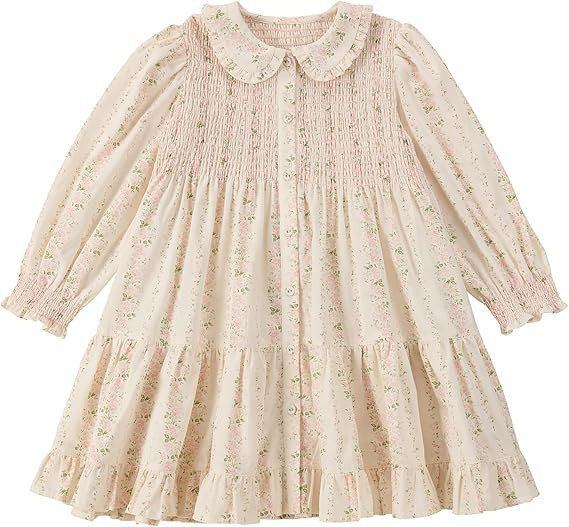 Twoflower Toddler Girls Dress Smocked Dresses|Floral Print Long Sleeve Dress with Peter Pan Colla... | Amazon (US)