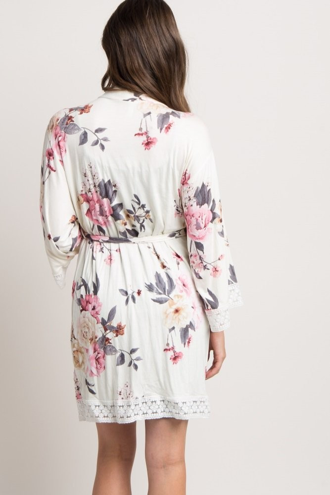 Ivory Floral Lace Trim Delivery/Nursing Maternity Robe | PinkBlush Maternity