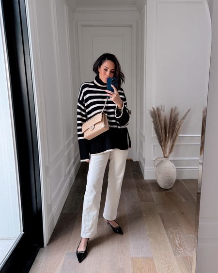 Classic stripes with Ecru jeans 🖤🤍
Toteme sweater is investment but this is a perfect example of mixing high and low. 
My jeans are under $100, slingbacks under $150 and I’ve worn this sweater more times than I can count! 

#LTKstyletip #LTKfindsunder100 #LTKover40