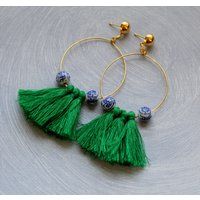 Tassel Earrings - Chinoiserie Tassle Fringe Earrings, Green Gold Hoop Jewelry, Cobalt | Etsy (US)