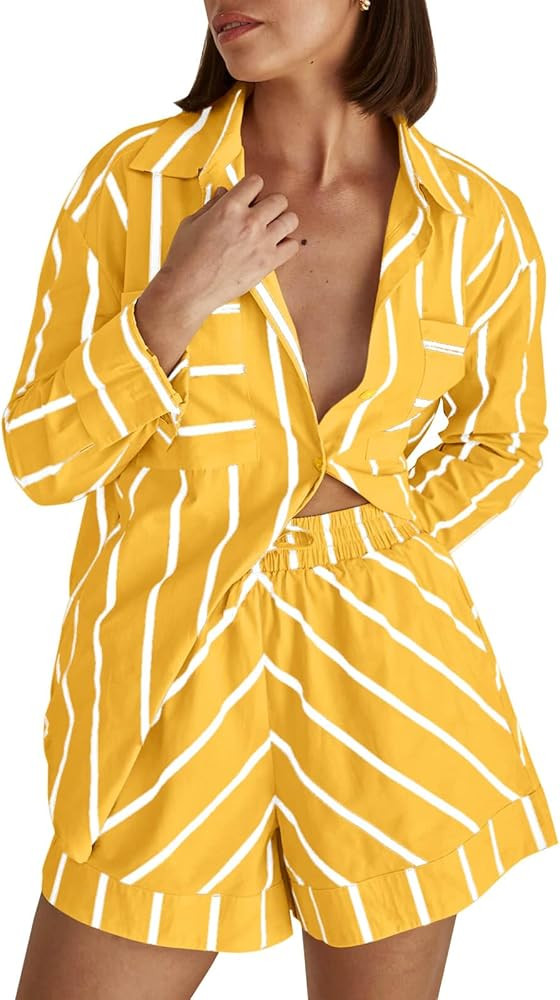 Tankaneo Womens Striped 2 Piece Outfits Button Down Shirts and Shorts Lounge Matching Sets | Amazon (US)