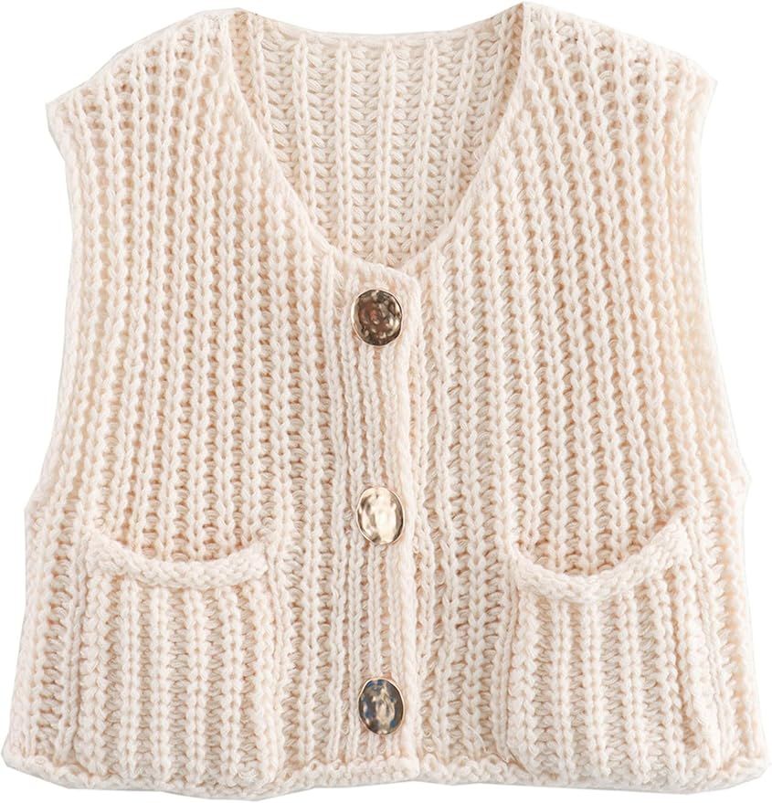 Bozanly Womens Chunky Knit Sweater Vest Cute Button Down Sleeveless Crop Crochet Cardigan Vest | Amazon (US)