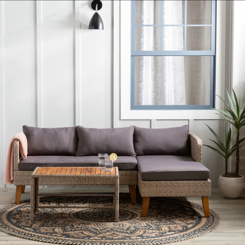 Wicker L-Shape Outdoor Sofa With Wood Top Table | Wayfair North America