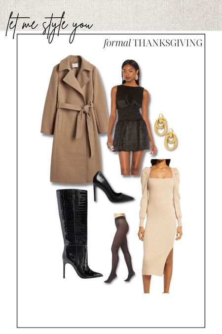 Thanksgiving outfit: formal or dressy 

Thanksgiving style, camel wrap coat, boots, knee high boots, black heels, sweater dress, boot, little black dress, gold earrings, statement earrings, black tights 

#LTKstyletip #LTKshoecrush #LTKHoliday