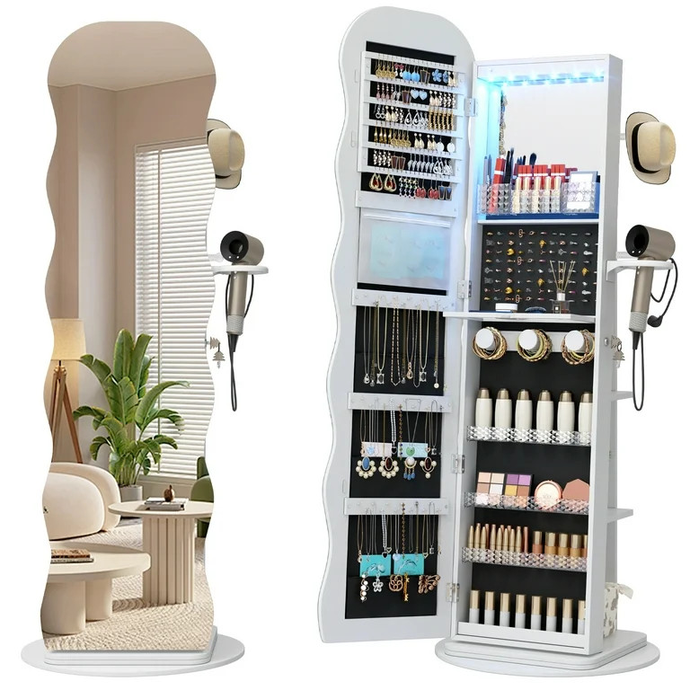 VKCC 62.5" Swivel Jewelry Cabinet, Wave Mirror & Lockable Storage Organizer Armoire, White | Walmart (US)