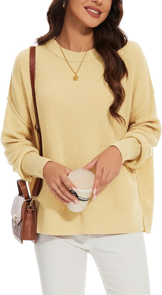 BERESIA Women's Crewneck Long Sleeve Oversized Sweaters 2024 Spring Side Slit Ribbed Knit Pullove... | Amazon (US)