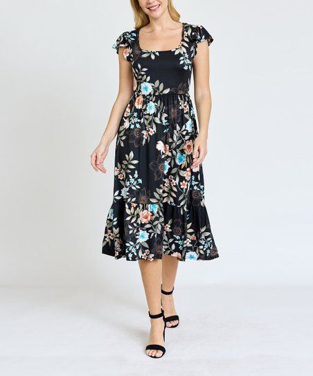egs by éloges Black & Coral Floral Flutter-Sleeve Midi Dress - Women & Plus | Zulily
