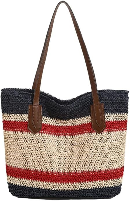 Summer Straw Shoulder Bags for Women Large Straw Beach Bag Color Strip Woven Tote Bags Handbag Wo... | Amazon (US)