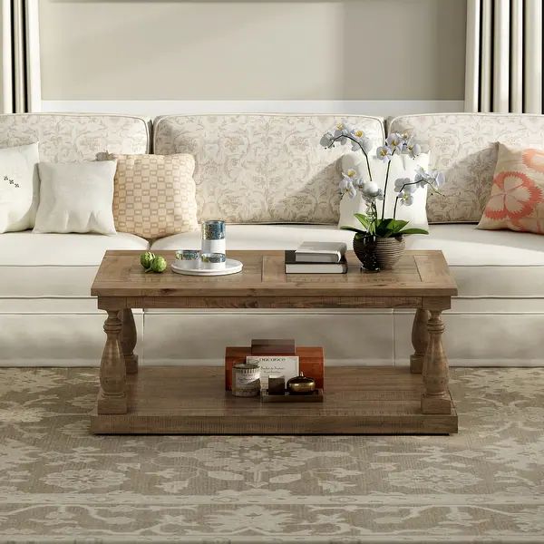 Global Pronex Rustic Floor Shelf Coffee Table with Storage,Solid Pine Wood - Overstock - 35623656 | Bed Bath & Beyond