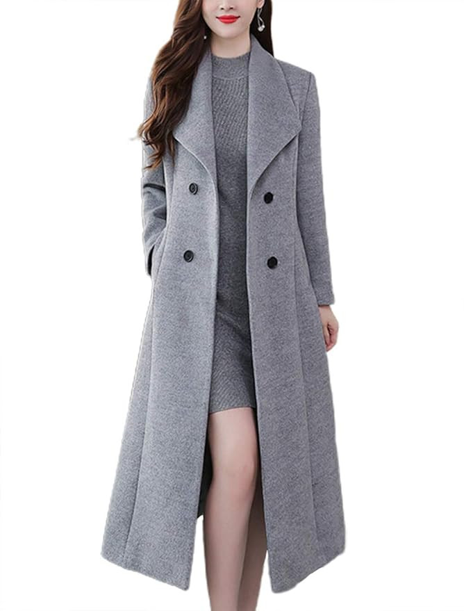 chouyatou Women's Chic Shawl Collar Work Double Breasted Maxi Long Wool Pea Coat | Amazon (US)