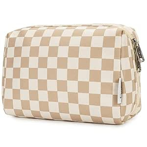Large Makeup Bag Zipper Pouch Travel Cosmetic Organizer for Women (Large, Light Checkerboard) | Amazon (US)