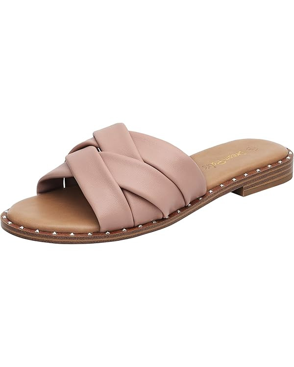 DREAM PAIRS Women' s Cute Slip On Studded Flat Slides Sandals | Amazon (US)