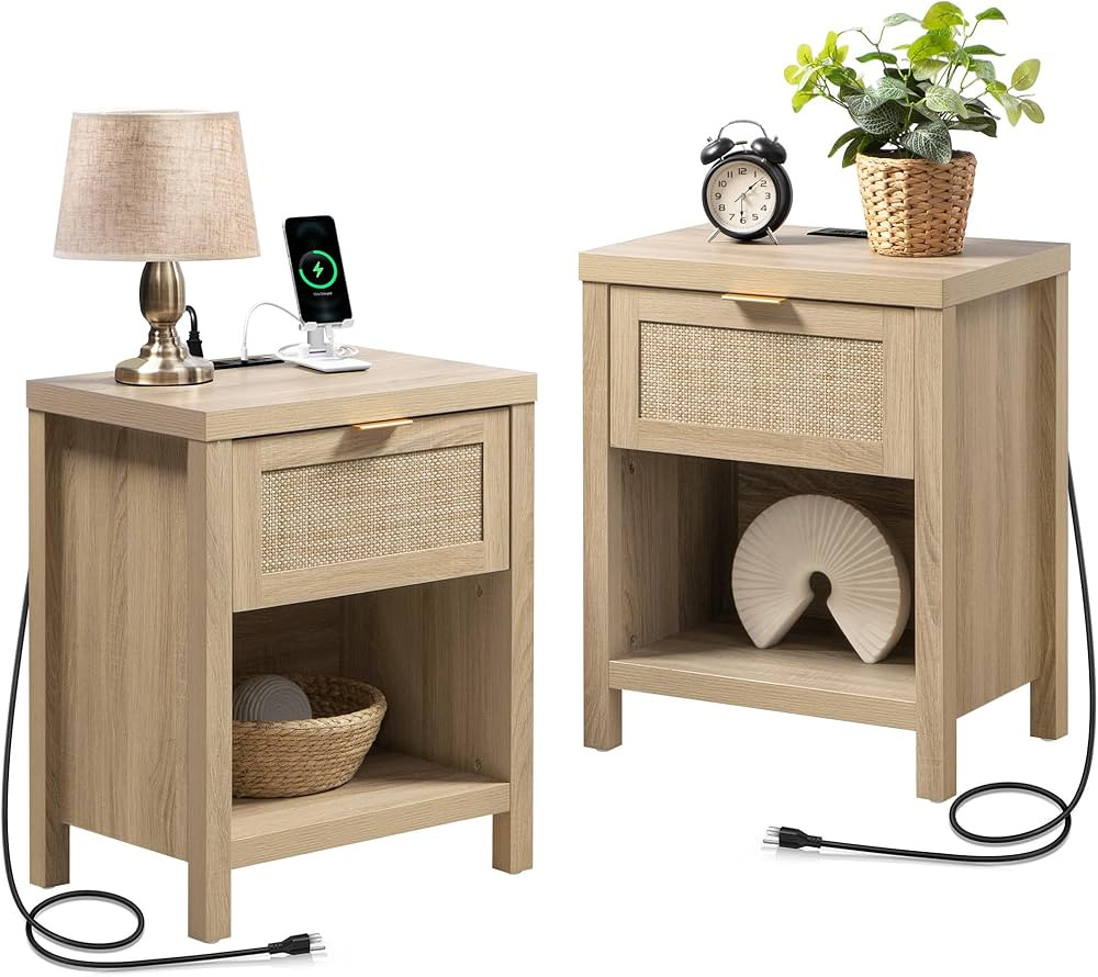 SICOTAS Rattan Nightstand, Farmhouse Night Stands with Drawer, Boho End Side Table for Bedroom, S... | Amazon (US)