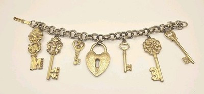 Vintage Gold Tone Keys And Heart Charm Bracelet 7.25" Long | eBay US