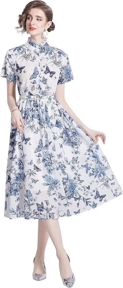 LAI MENG FIVE CATS Women's Casual Floral Print Button up Short Sleeve Mock Neck A-line Midi Dress | Amazon (US)