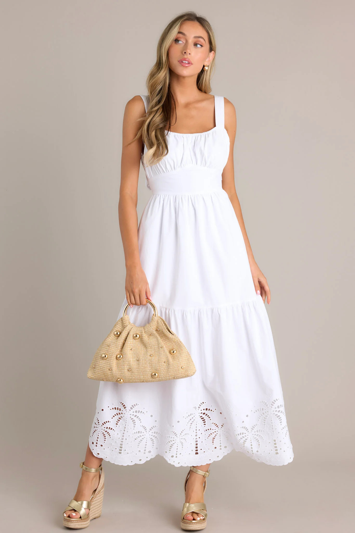 Garden Breeze Cotton White Eyelet Midi Dress | Red Dress