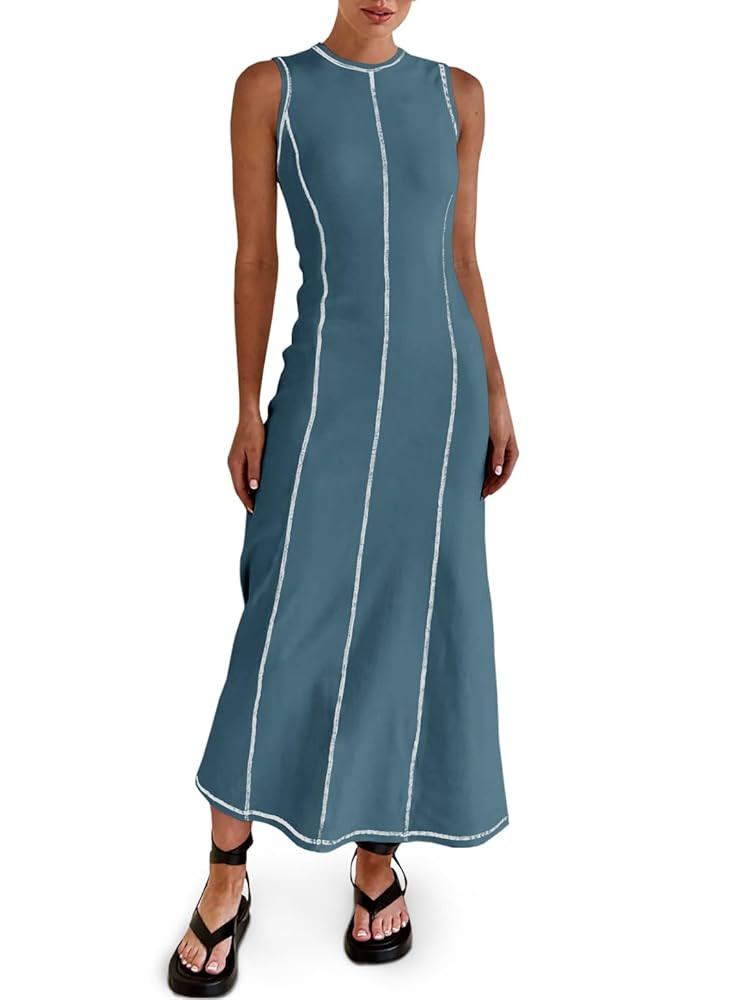 Wenrine Womens Sleeveless T Shirt Dress Summer Contrast Stitch Ribbed Knit Tank Maxi Dresses | Amazon (US)