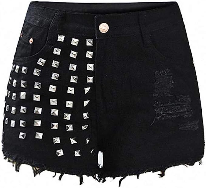 Tebapi Black Shorts with Metal Rivets Studded Women's Mid High Waist Ripped Short Denim Shorts fo... | Amazon (US)