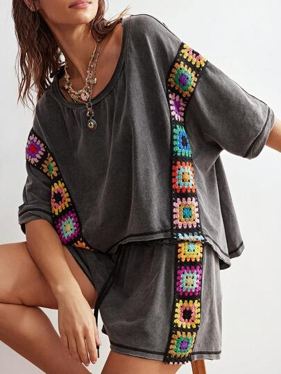 Bohemela 2pcs/Set Women Casual Solid Color Knit Patchwork Ribbon Round Neck Loose Short Sleeve T-... | SHEIN