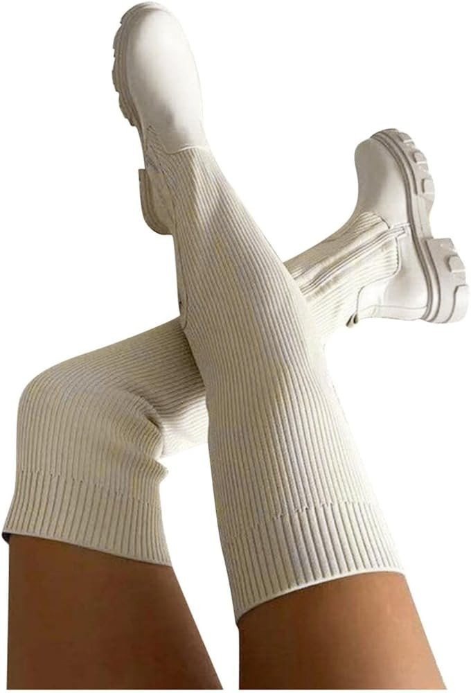 Hbeylia Thigh High Boots For Women Ladies Fashion Casual Stretchy Knit Leather Splicing Round Toe... | Amazon (US)