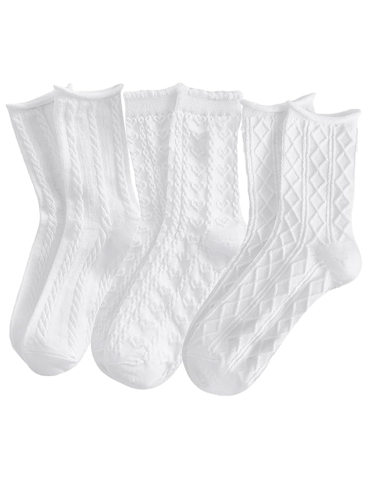 OYOANGLE Women's 3 Pairs Cable Knit Casual Crew Socks Stretchy Solid Simple Socks | Amazon (US)