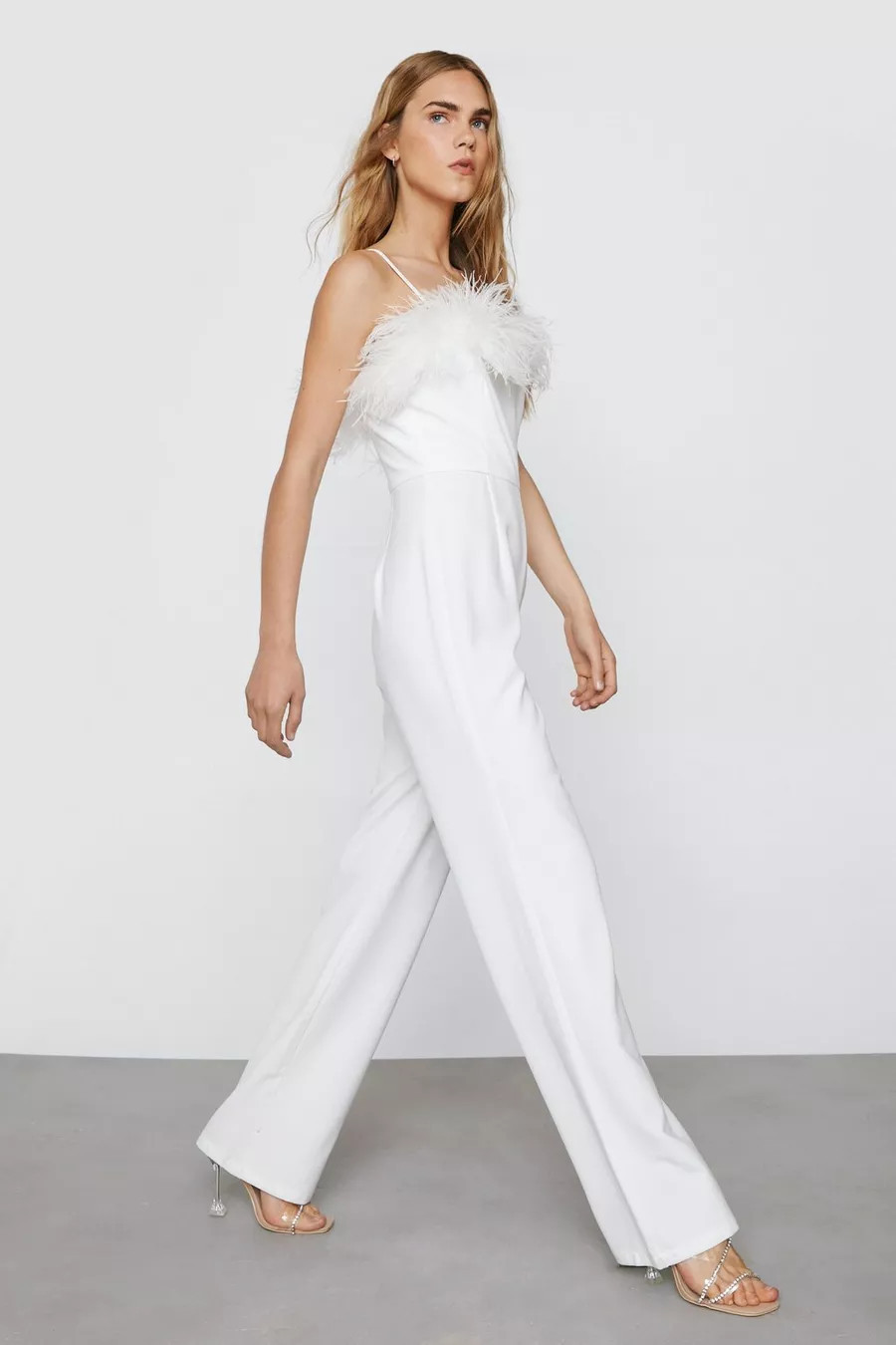 Feather Trimmed Flared Jumpsuit | Nasty Gal (US)