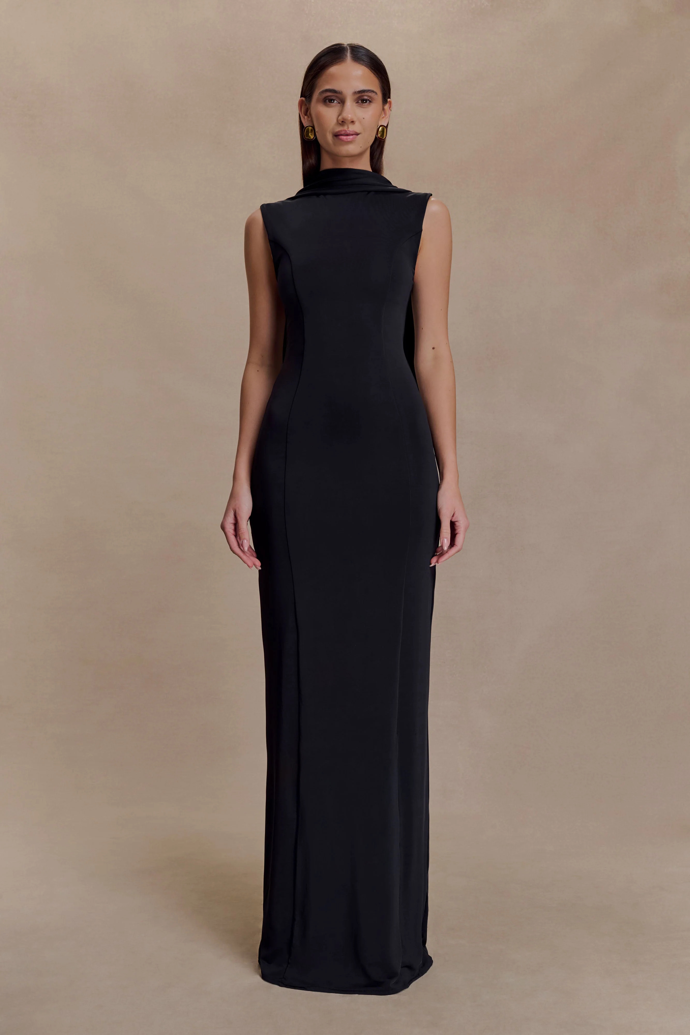 Wisteria Slinky Maxi Dress With Scarf - Black | MESHKI US