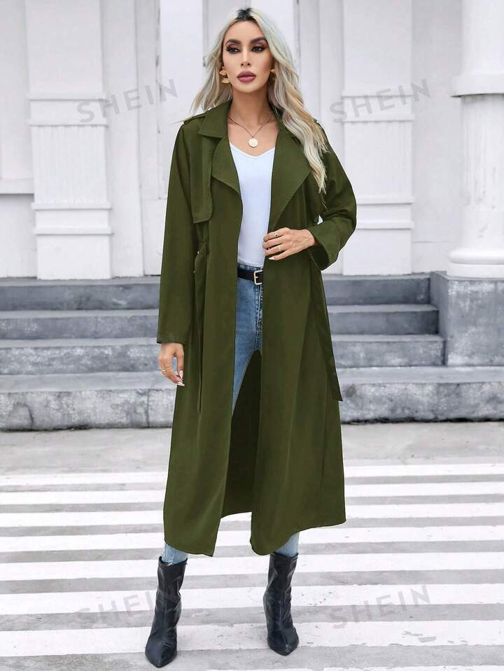 SHEIN Privé Lapel Neck Tie Front Trench Coat | SHEIN