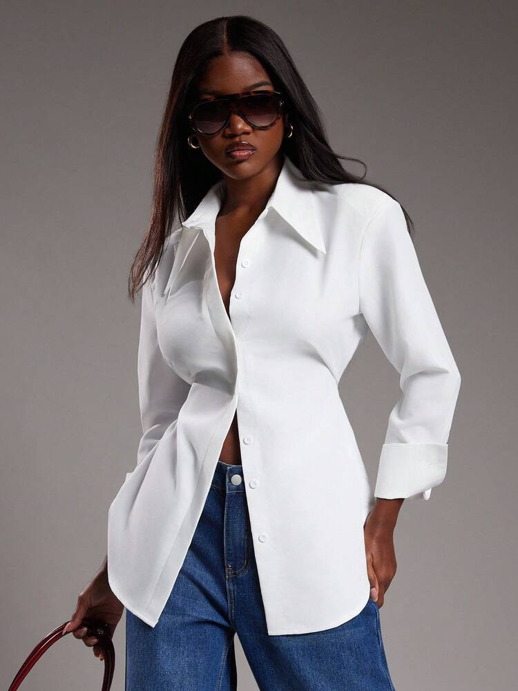 NYA SZN Top Long Sleeve Button Up Collar Loose Oversized Everyday Casual Buisness Casual Basic Streetwear Office Teacher Office Modest Fall Winter Suitable For Commuting Thanksgiving Christmas NYE New Years Eve Outfits For Women | SHEIN