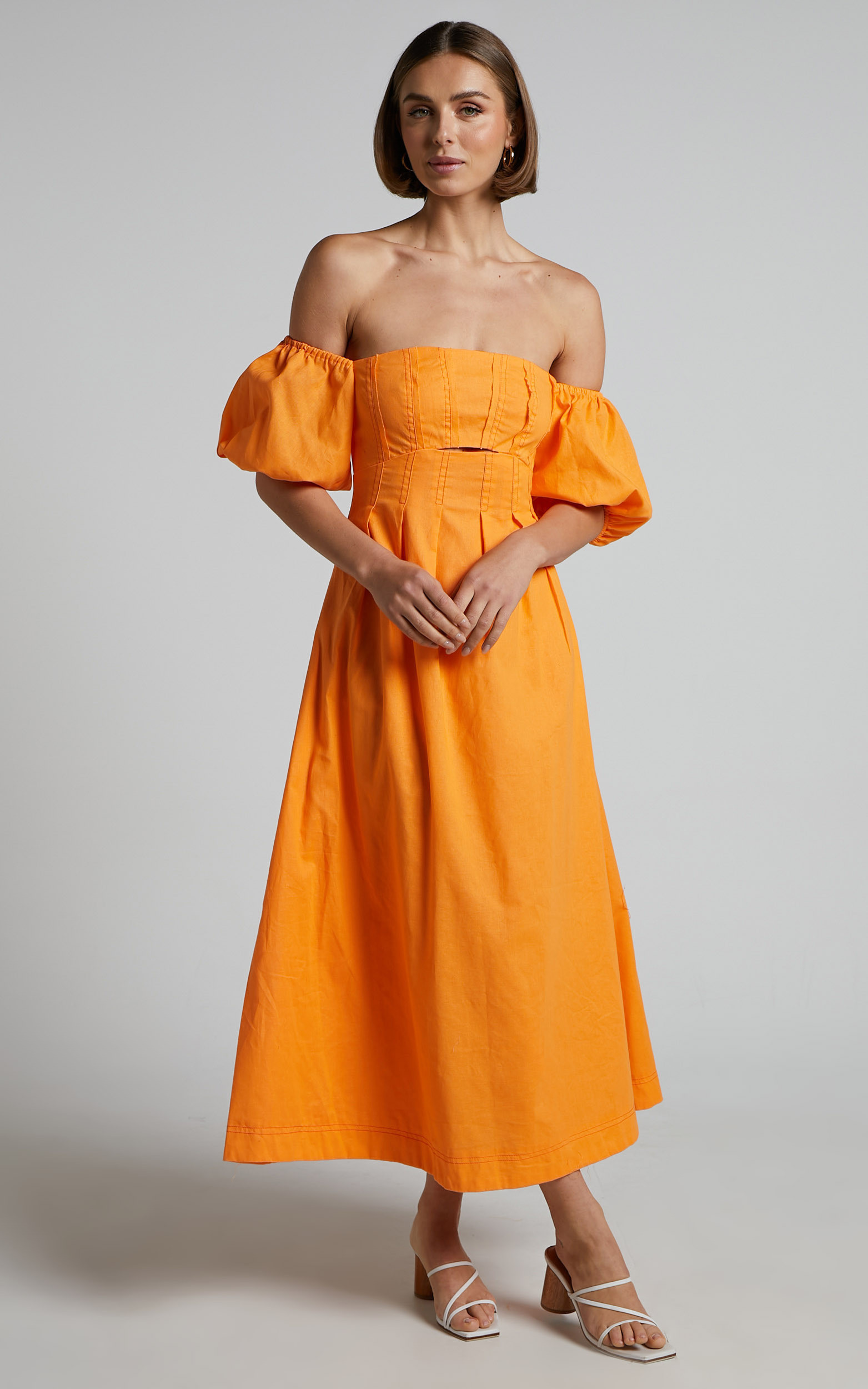Nora Maxi Dress - Linen Off Shoulder Puff Sleeve Dress in Orange | Showpo (US, UK & Europe)