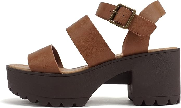 Soda ACCOUNT ~ Women Open Toe Two Bands Lug sole Fashion Block Heel Sandals with Adjustable Ankle... | Amazon (US)